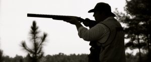 hunter aiming a shotgun in the woods