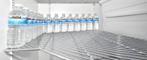 bottled water in a fridge