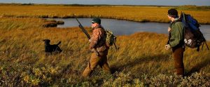 two hunters with a gun next to a black labrador