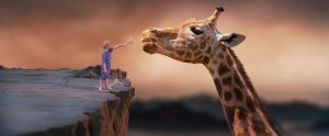 a child's dream of feeding a giant giraffe