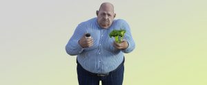 a cartoon image of an obese man choosing between broccoli and a cupcake