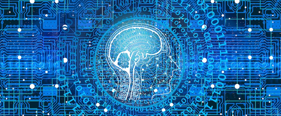 cartoon blue background and man's brain surrounded by numbers
