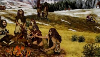 a drawing of neanderthals eating around a fire