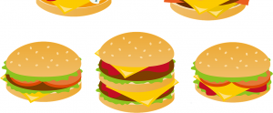 three cartoon burgers with a white background