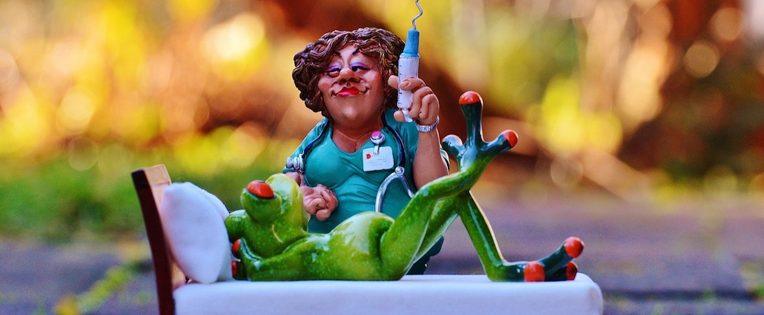 miniature porcelain figures of a nurse about to give an injection to a frog