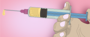 a cartoon man holding a medical syringe