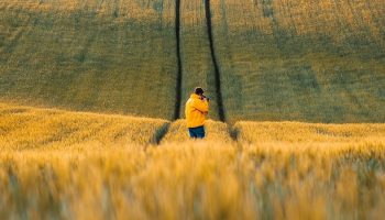 a man in a yellow jacket standing in a wheat field