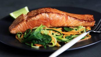 plated food of salmon and vegetables