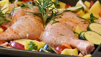 raw chicken and vegetables on a tray