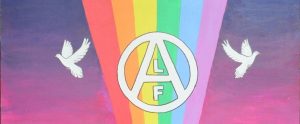 a drawing of the "ALF" symbol with a rainbow and two doves