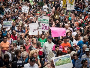 large crowd holding signs with pro-environment messages