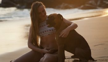 a woman in a bikini sitting with her boxer on the beach