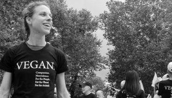 vegan march with people wearing "vegan" shirts