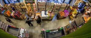 overhead fisheye lens grocery store shopping