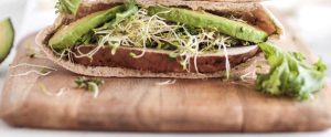 Pita with mushrooms, avocado, and sprouts