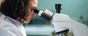 person looking in microscope