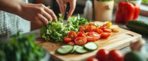 hands holding knife chopping vegetables