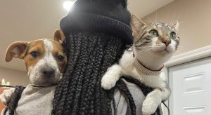 person with braids holding cat and dog