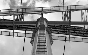 view of billboard from underneath black and white