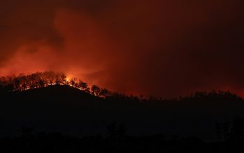 bushfire on hill at nighttime Tasmania Australia