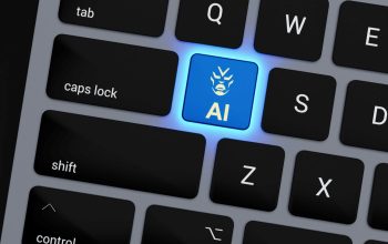 laptop keyboard with glowing blue AI key