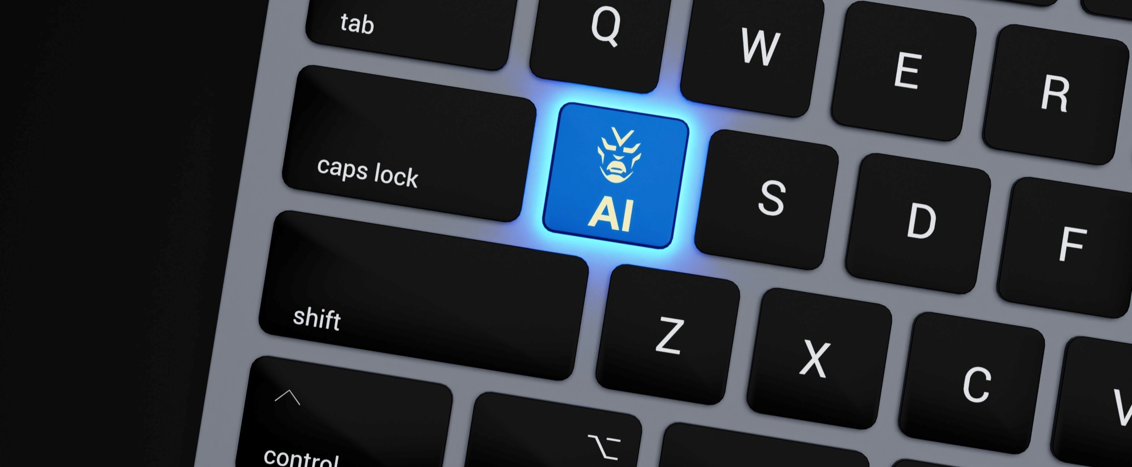 laptop keyboard with glowing blue AI key