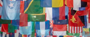 rows of flags UN FAO headquarters Rome Italy