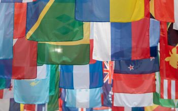 rows of flags UN FAO headquarters Rome Italy