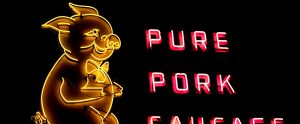 neon sign with cartoon pig pure pork sausage
