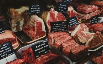 display of different cuts of meat for sale