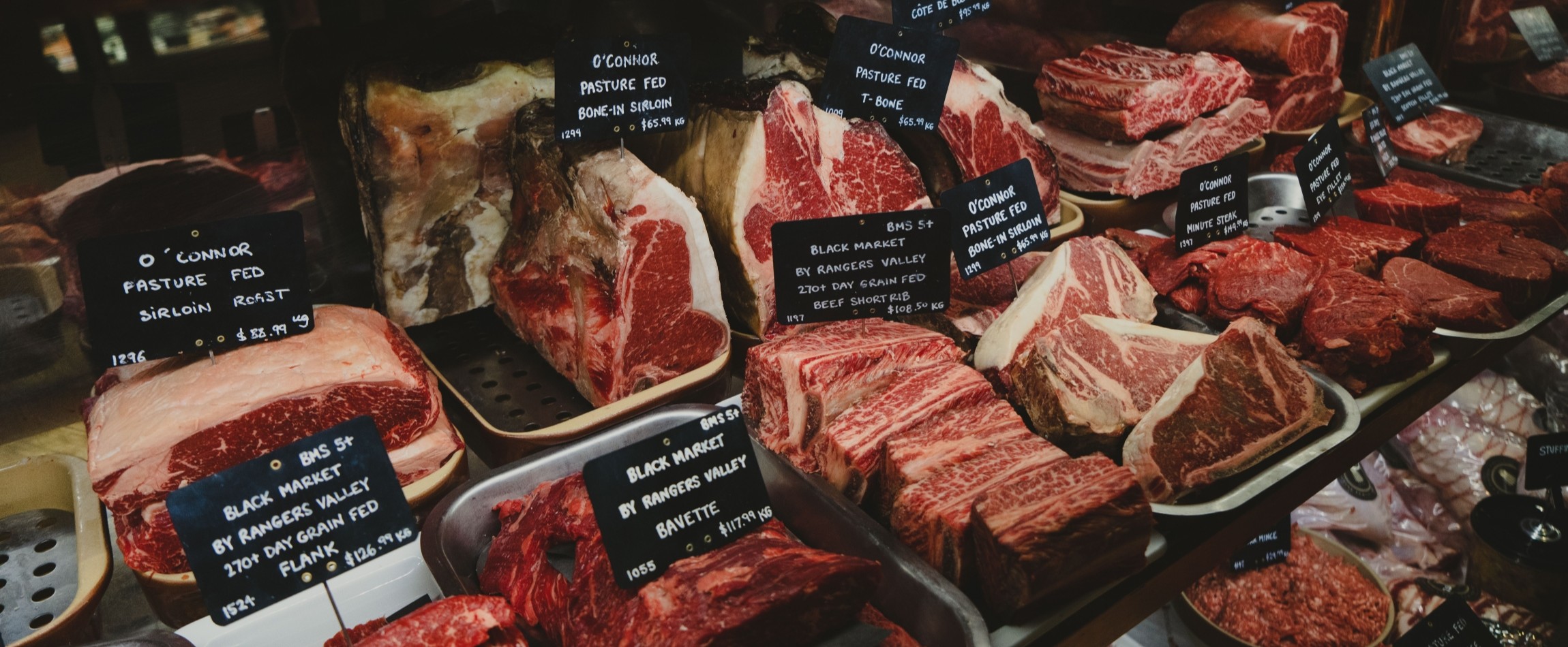 display of different cuts of meat for sale