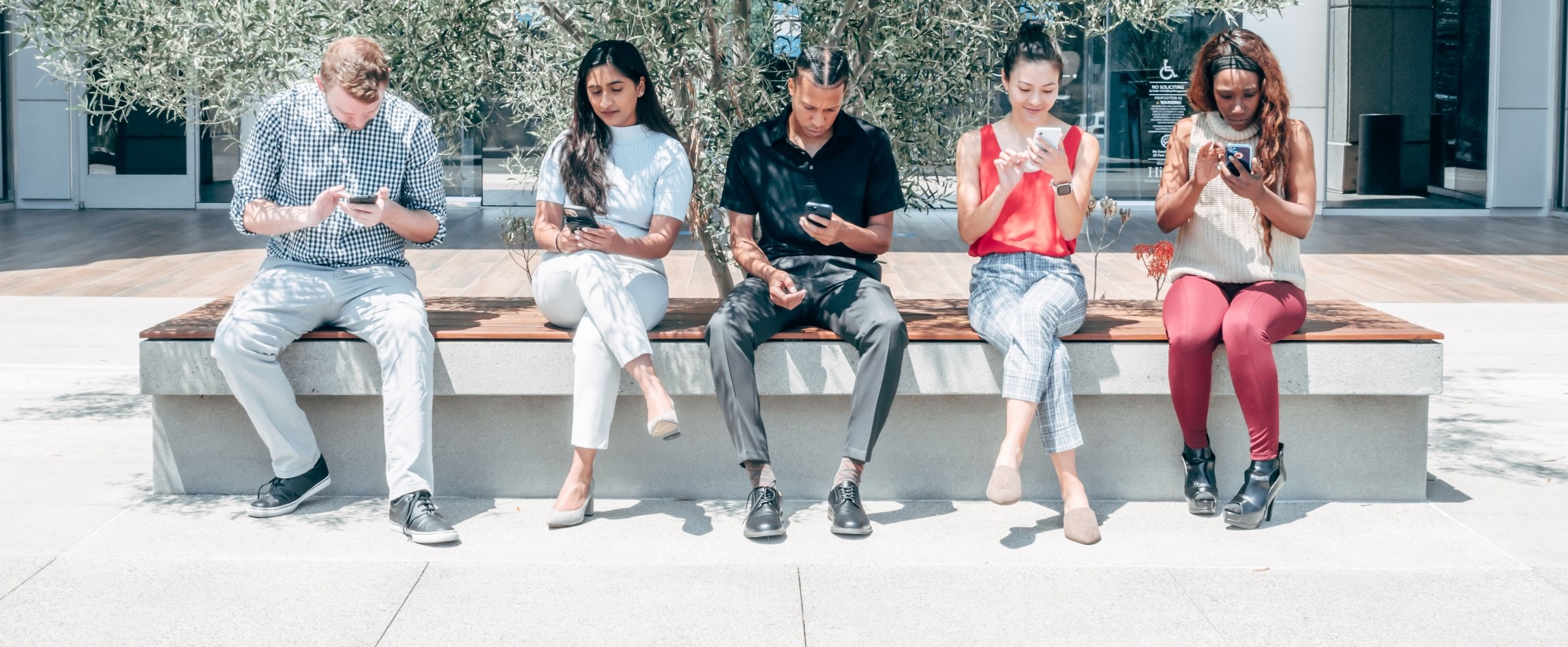 row of people looking at smartphones outdoors