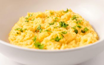 white bowl of scrambled eggs